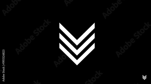 Minimalist three white downward chevrons icon on a black background. Stacked geometric arrows pointing down, abstract design element.