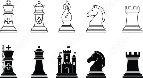 Chess pieces icon set king queen bishop knight rook castle vector illustration black outline silhouette strategy game symbols isolated on white background