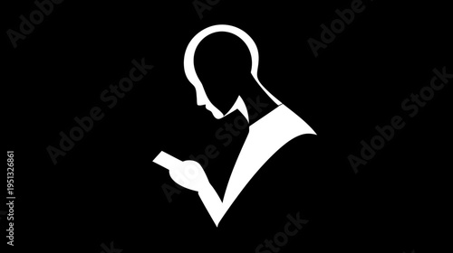 Minimalist white silhouette of a person focused on a mobile phone or digital device against a black background, technology concept