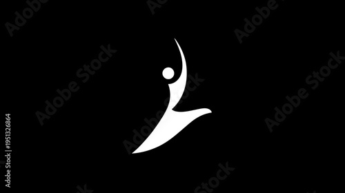 Abstract white silhouette of a dynamic human figure reaching up, symbolizing freedom, movement, energy, and success on a black background.