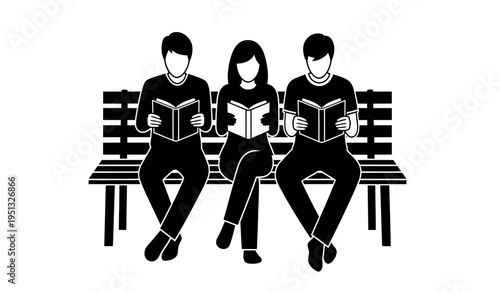 Three people sitting on a bench reading books in a quiet moment