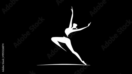 Dynamic white silhouette of a graceful female dancer performing a leap on a black background, representing movement, art, and elegance.