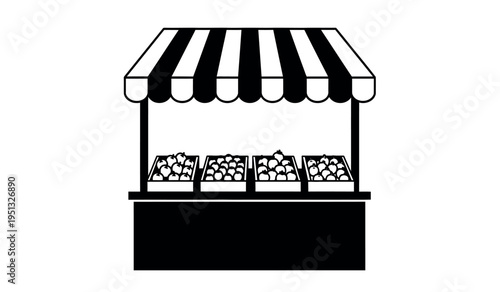 Black and white illustration of a market stall with striped awning and various products on display