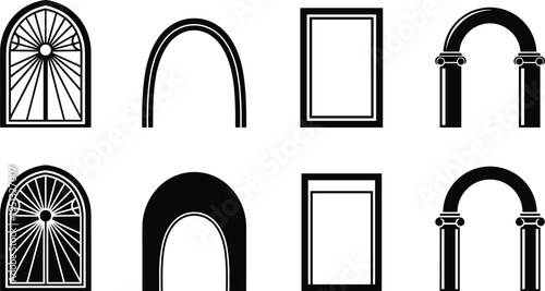 Architectural window and arch icon set featuring arched window frame doorway and classical arch column elements minimal outline and solid vector illustration