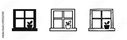 Window with Houseplant Icons Set. Interior Home Decoration, Light and Greenery Symbols in Glyph, Line, and Hand Drawn Styles.