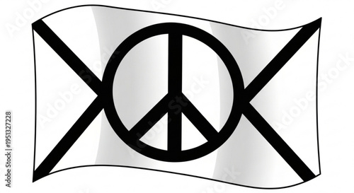 Black peace sign on white flag with crossed lines symbolizing harmony and protest against a plain background