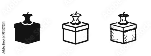 Apple Core on Square Trash Can Icons. Waste Disposal, Food Scraps and Recycling Symbols in Glyph, Line, and Hand Drawn Styles.
