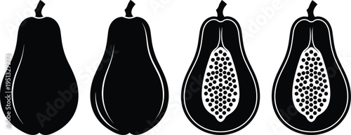 Minimalist papaya silhouette set whole and sliced tropical fruit vector illustration black and white isolated on background healthy food concept clean modern design clipart