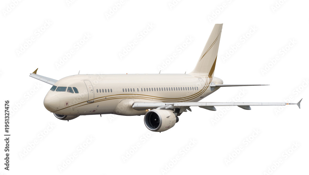 Obraz premium Isolated modern passenger jet aircraft with elegant design and golden details