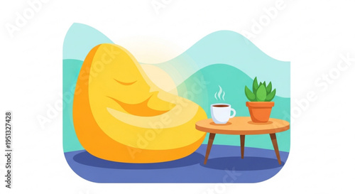 Cozy home interior with yellow bean bag chair steaming coffee cup on wooden table and potted plant on blue floor with mountain view