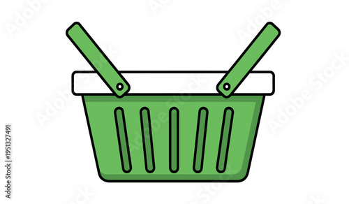 A green shopping basket with two handles on a white background for grocery or retail use
