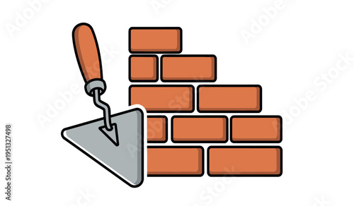 Masonry trowel and brick wall illustration for construction and building concepts