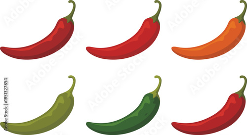 Six colorful chili peppers in a grid on a white background red chili green chili