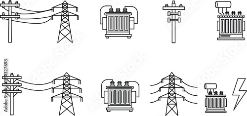 Electric power transmission and transformer icon set featuring utility poles transmission towers high voltage lines and electrical transformer minimal outline vector illustration