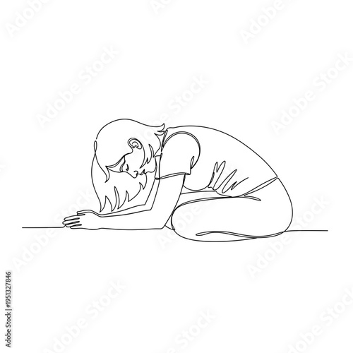 Minimalist continuous line art of a woman kneeling in child's pose, representing meditation, mindfulness, and mental health concept