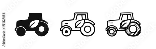 Eco-friendly tractor and sustainable agriculture icon set, symbolizing green farming and environmental responsibility.