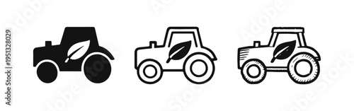 Sustainable farming tractor with leaf symbol icon set for eco agriculture and environmentally conscious practices.