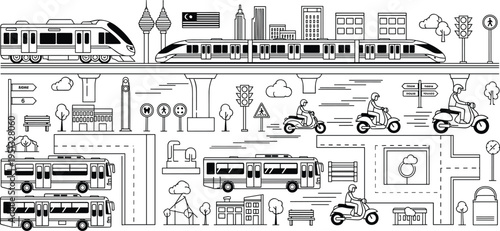 Urban Transportation System Icon Set with Train, Bus, Motorcycle, Road Network and City Infrastructure Illustration Collection