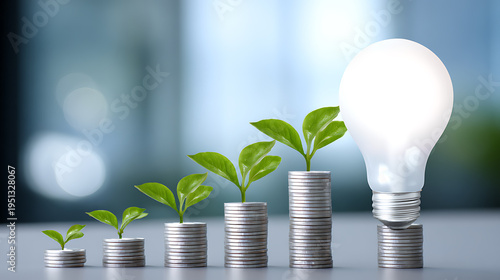 Coins stacked with growing plants and a glowing light bulb, symbolizing investment growth, business innovation, and sustainable development.
