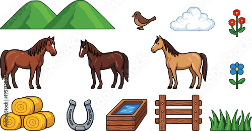 Farm and countryside icon set featuring horses hay bale horseshoe fence trough flowers bird grass and hills colorful vector illustration for rural agriculture design