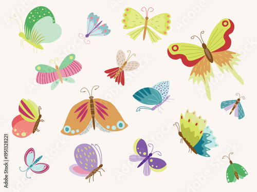 Scattered flying butterflies vector collection. Cute hand drawn insects in flat style