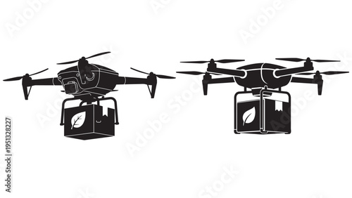 Electric Delivery Drone Carrying Small Package With Leaf Logo — Minimal Black-and-White Solid Silhouette, Flat Vector, Isolated On White