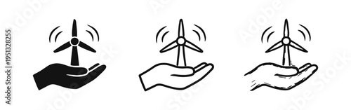 Hand holding wind turbine icon set representing renewable energy, clean power, and sustainable future.