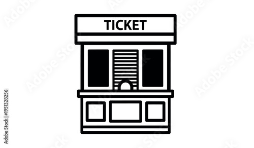 A simple black and white illustration of a ticket booth with a sign and windows