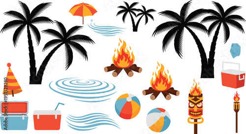 Tropical Summer Vacation Set with Palm Trees, Beach Balls, Fire Pits, and Water Features for Fun, Leisure, and Outdoor Designs