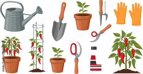 Gardening Tools for Chili Pepper Plants with Watering Can, Shovel, Gloves, Pruning Shears, and Fertilizer for Healthy Growth