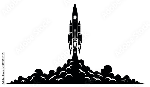 A black and white illustration of a rocket launching into space with a fiery explosion