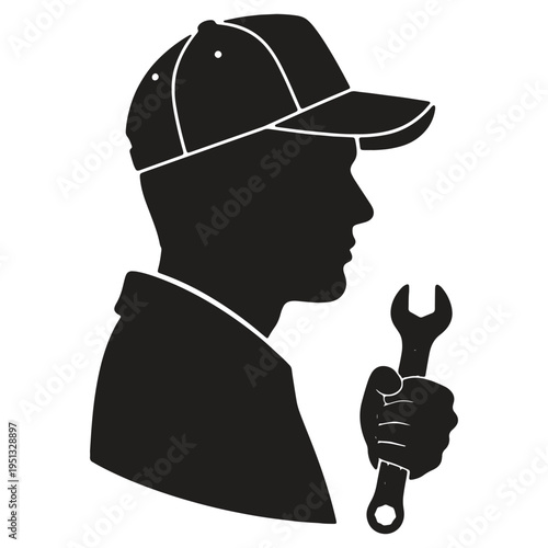 Silhouette of a man wearing a cap and holding a wrench in his hand isolated on transparent background