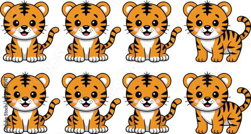 Cute cartoon tiger cub characters set illustration, adorable baby tiger poses collection, smiling jungle animal mascot design isolated vector