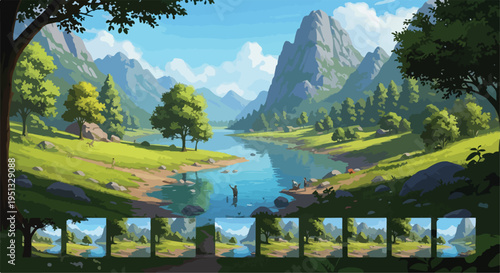 Vibrant cartoon landscape vector illustration with green mountains, blue river, and lush trees, ideal for nature backgrounds and game assets