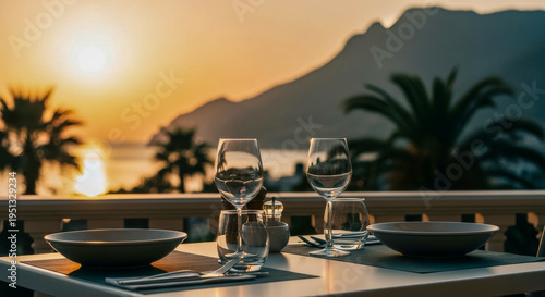 Luxury ocean terrace restaurant dining table with wine at sunset travel resort destination