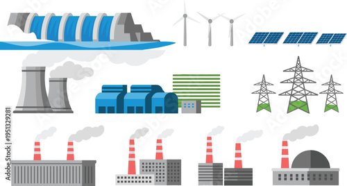 Electric power generation sources set illustration, hydro dam wind turbines solar panels nuclear plant factory stations electricity infrastructure energy industry vector