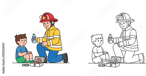 Firefighter helping a sad boy with first aid kit and water bottle, color and outline coloring page vector illustration.