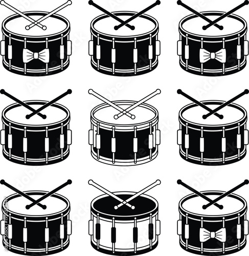 Classic marching band snare drum icons set with crossed drumsticks, black and white percussion instrument symbols, music band equipment vector illustration collection