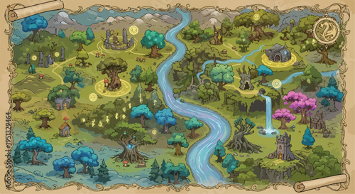 Fantasy world map vector illustration with magical forests, winding river, castles, and ancient trees for game design or storybook