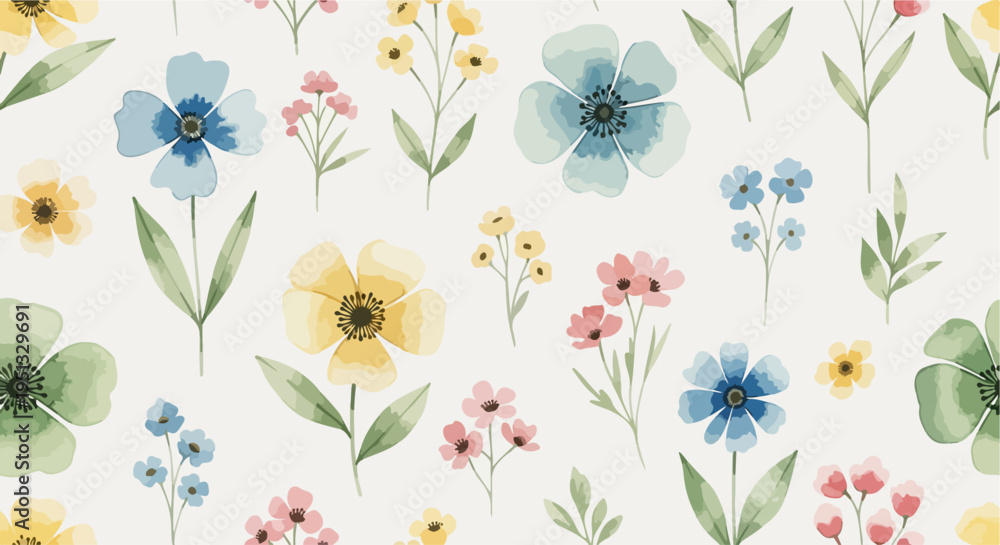 Obraz premium Delicate botanical pattern with small flowers and leaves in gentle pastel tones