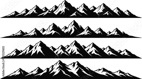 Black mountain range silhouette set with peak and ridge details isolated on white background for outdoor adventure and travel logo
