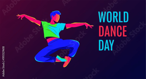 Young dancer in mid air celebrating world dance day with dynamic pose and colorful outfit on dark background