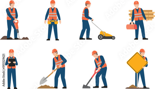 Construction workers with tools and safety equipment set, road maintenance and building labor activities, professional builder characters vector illustration collection