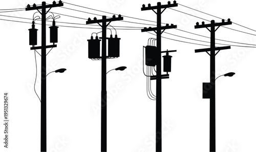 Electric power poles with transformers and cables silhouette vector illustration, utility electricity distribution line infrastructure with street lights isolated on white background