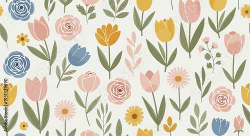 Fresh floral seamless illustration with tulips and daisies in soft calming colors