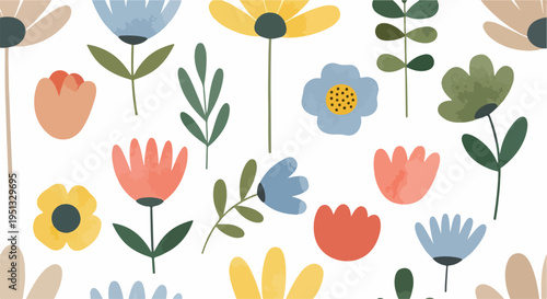 Minimal spring floral design with simple shapes and soft colors in repeating composition