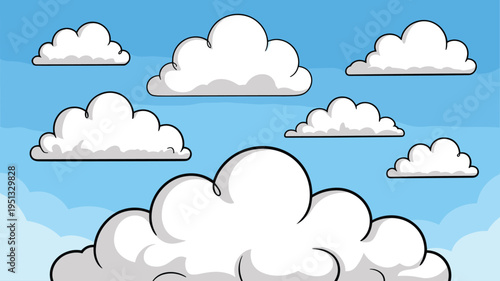 Cartoon clouds in blue sky vector illustration, fluffy cloud collection background, cute weather sky scene design