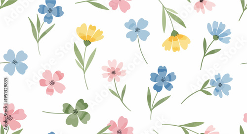 Cute seamless flower design with small blossoms, leaves, and berries in fresh pastel spring colors