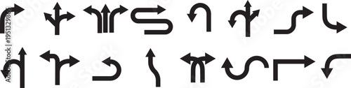 A set of black arrows showing various directions , turns and paths in a grid layout