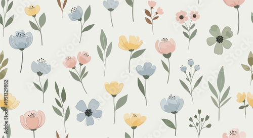 Cute and simple botanical pattern with pastel flowers, leaves, and berries in charming minimal illustration style